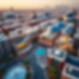 Aerial view showcasing Town Square Al Qudra's unique architecture
