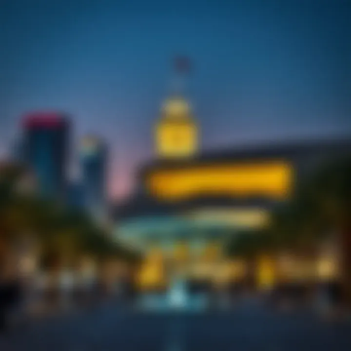 Illuminating the Heart of the City A serene evening view of a community center illuminated against the night sky.