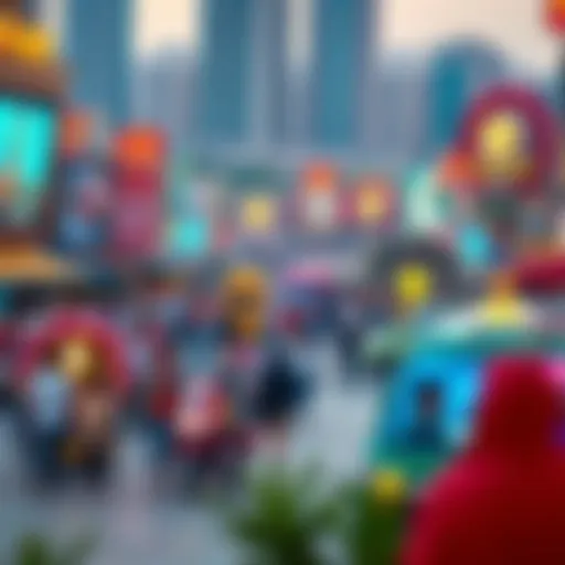 The Pulse of Community Engagement A vibrant town square bustling with activity and social interaction.